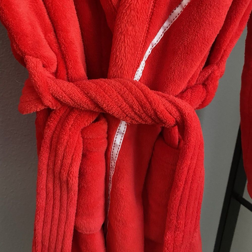 Victoria Secret‎ Plush Short Robe Large Red White Ribbon Trim Pockets Belt - Picture 4 of 5